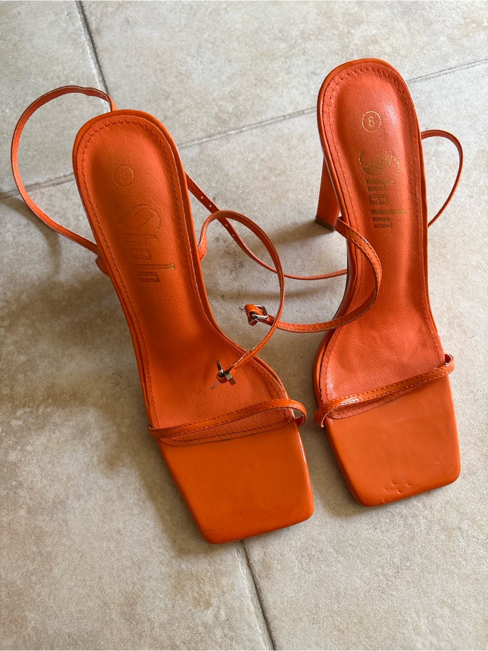 SHEIN Orange Square-Toe Strappy Heels